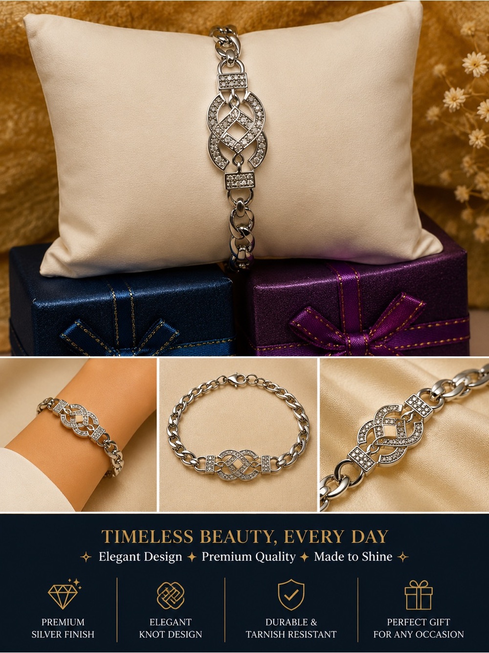 Elegant Silver Knot Bracelet with Crystal Accents - Timeless Women’s Jewelry